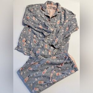 PJ Salvage Pajama Set Womens Large Gray Champagne Bottle Print Flannel Cozy 2PC